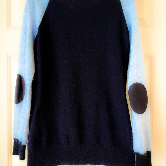 J.CREW Light & Dark Blue COLOR BLOCK Wool Rabbit Hair PATCH ELBOW Sweater sz: S - Picture 2 of 5